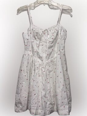 Coquette- White Spaghetti Strap Sundress with Pink Floral Print